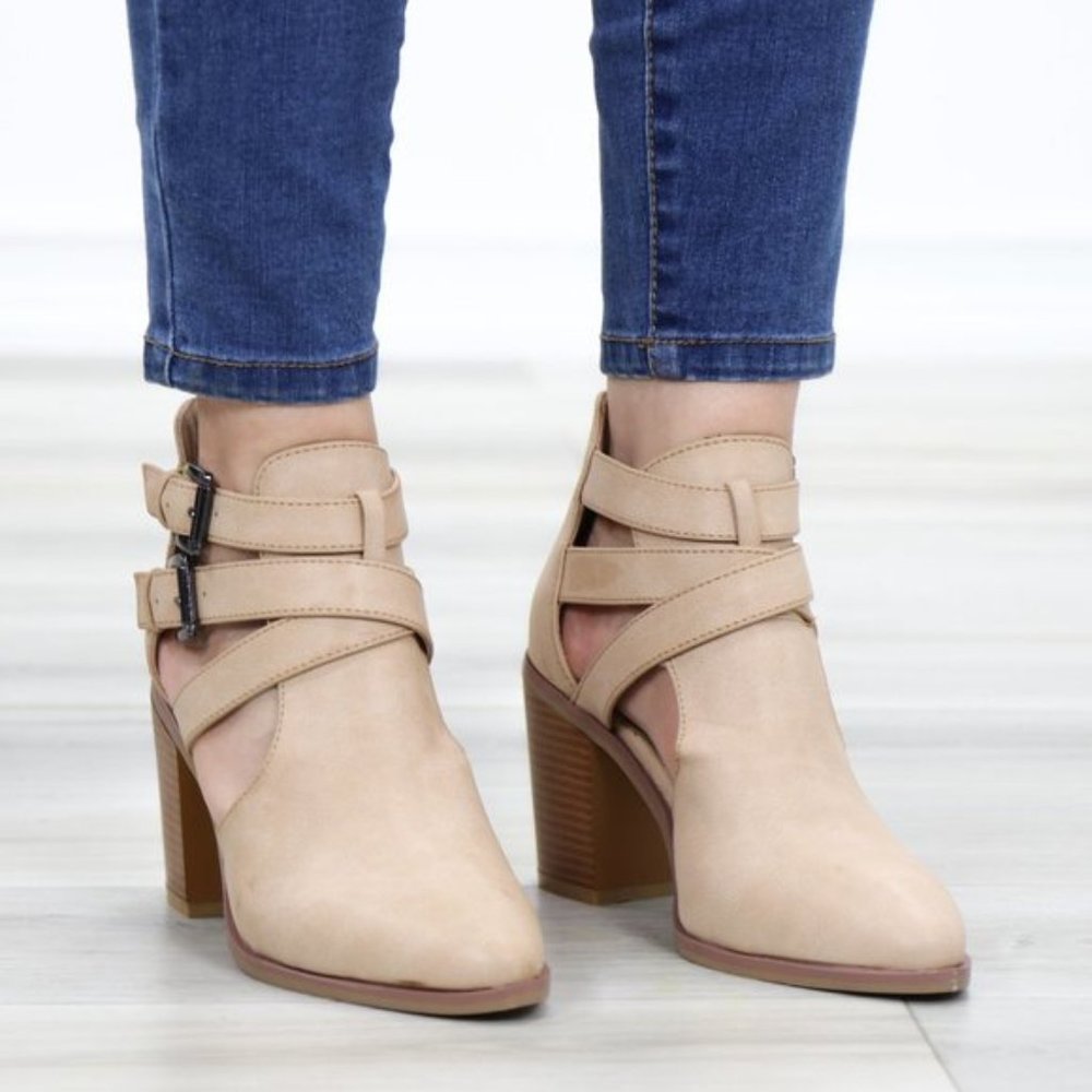 Strappy Taupe Pointy Toe Ankle Boots Faux Leather - Picture 7 of 9
